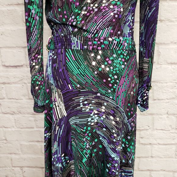 Cache Purple Green Print Long Sleeve Faux Wrap Dress Cocktail Party Sz S - Picture 13 of 15